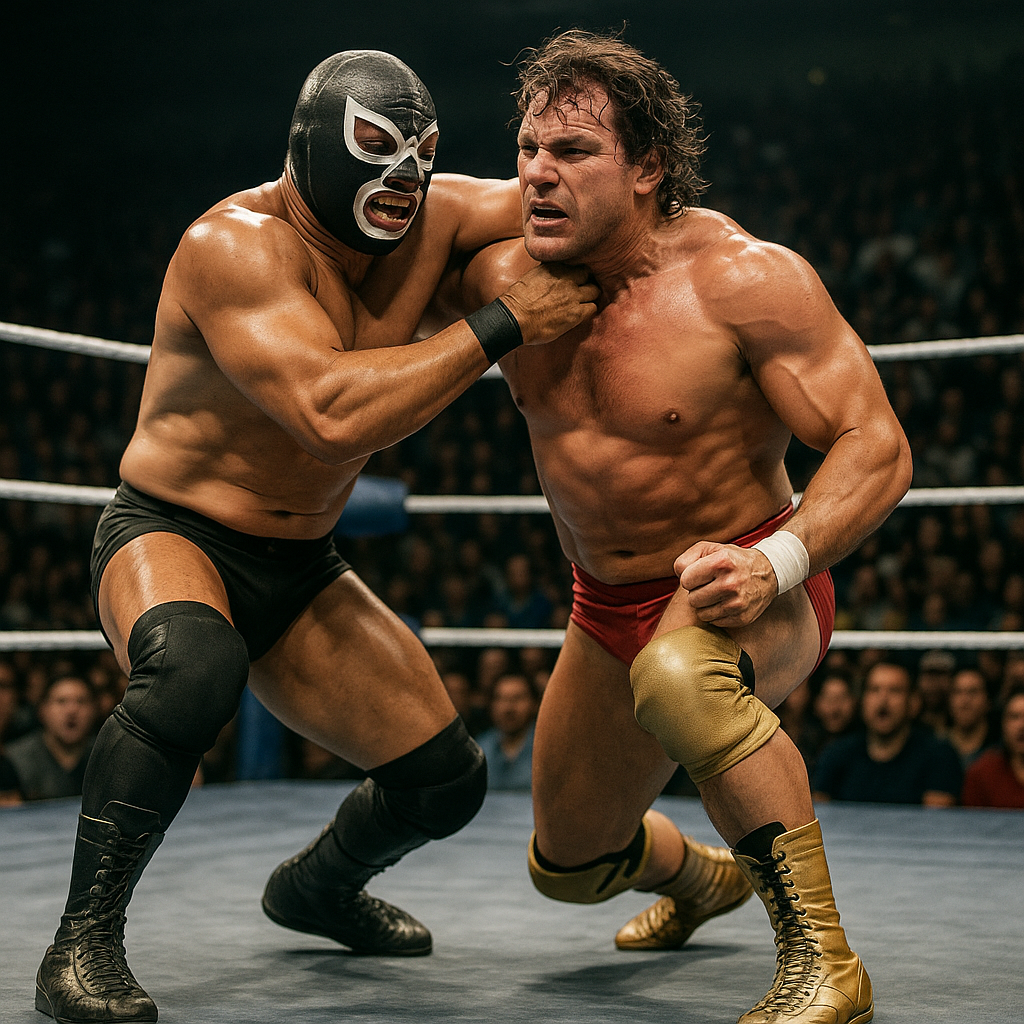 Dos luchadores profesionales en un combate intenso