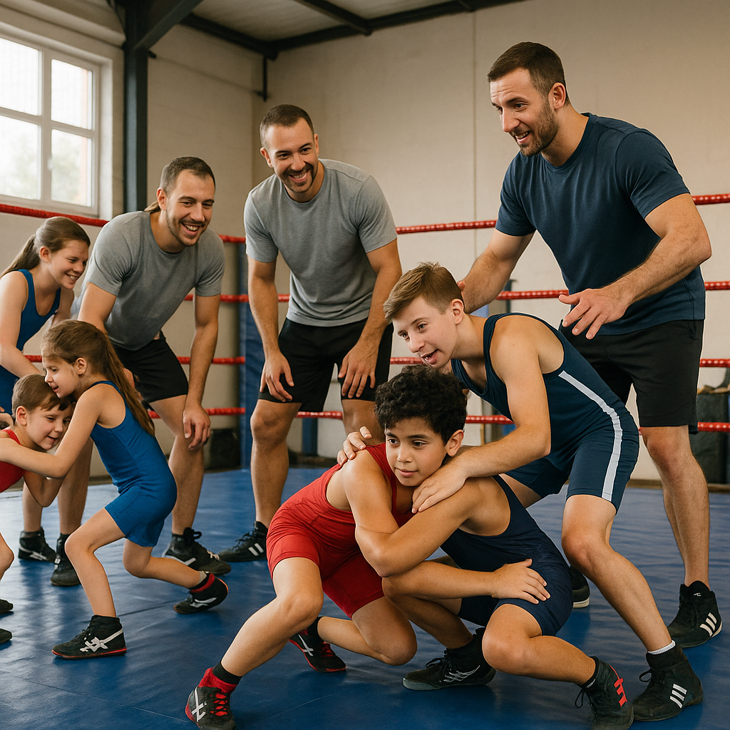 Niños y adolescentes entrenando lucha libre en un