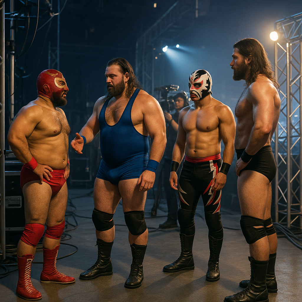 Un grupo de luchadores preparándose detrás del esc
