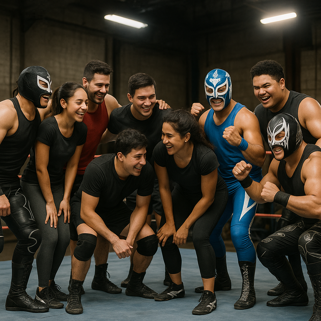 Un grupo de luchadores y estudiantes de LML Lucha