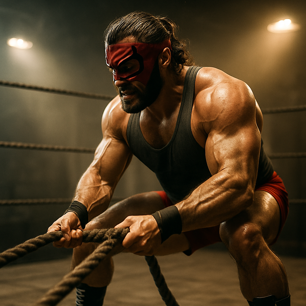 Un luchador entrenando intensamente dentro de un r