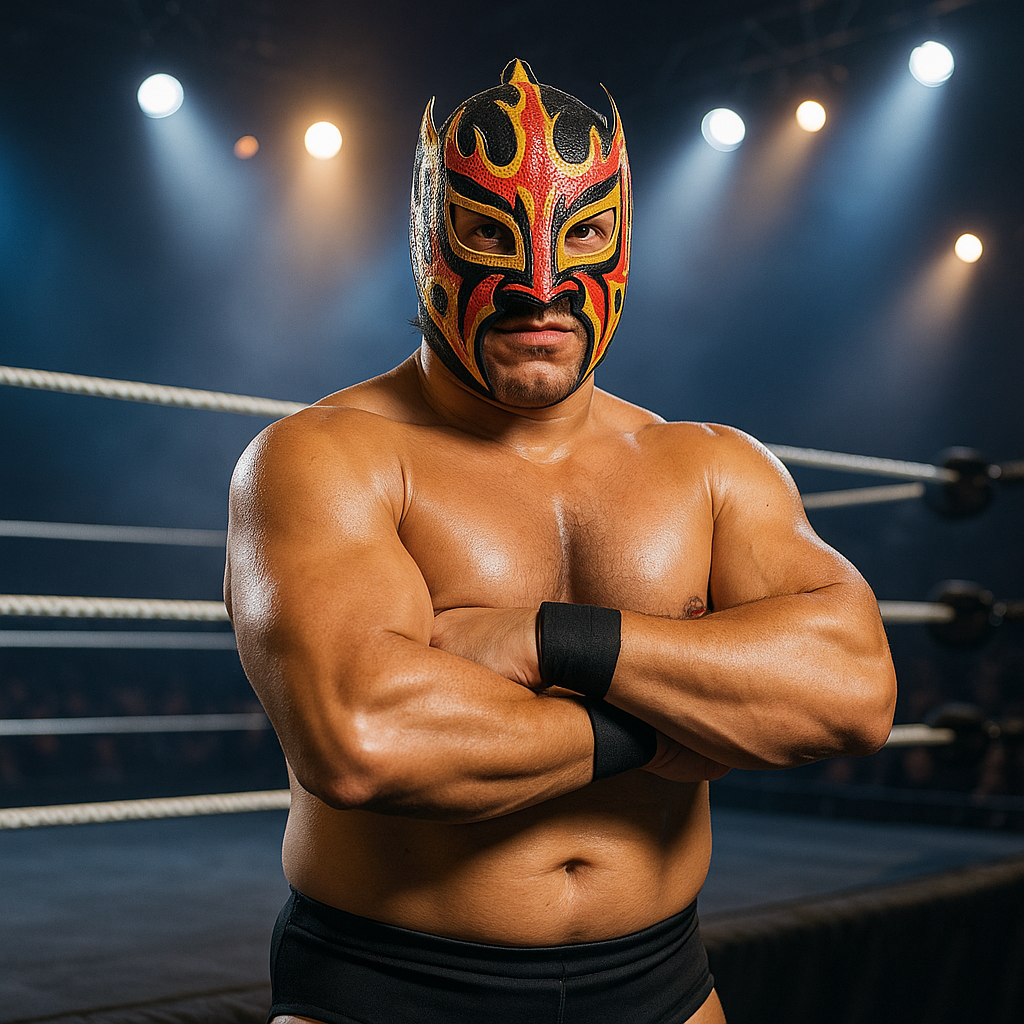 Un luchador profesional con una máscara llamativa