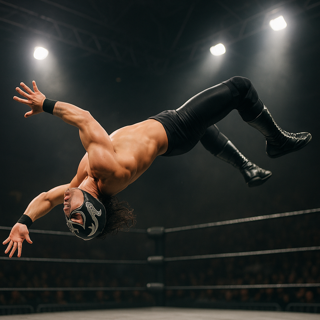 Un luchador realizando una maniobra aérea espectac