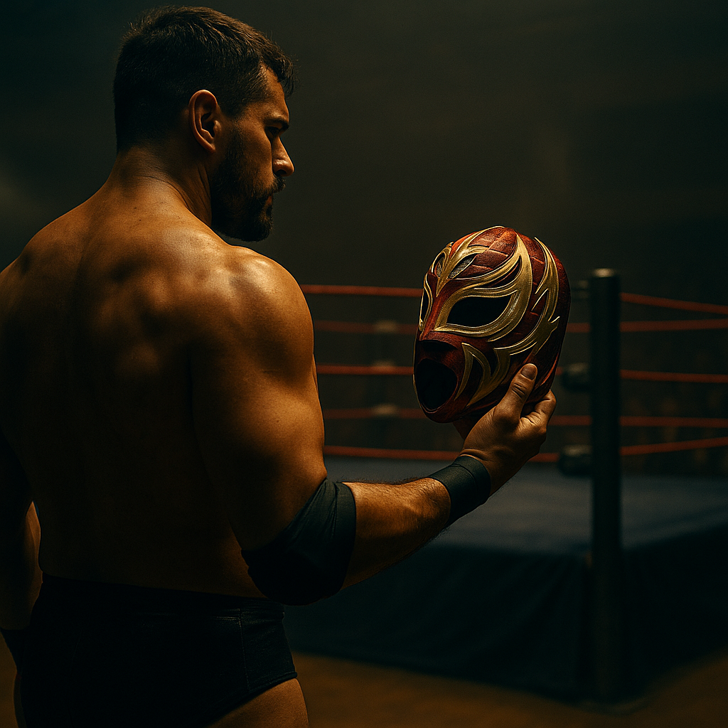 Un luchador sosteniendo una máscara de lucha libre